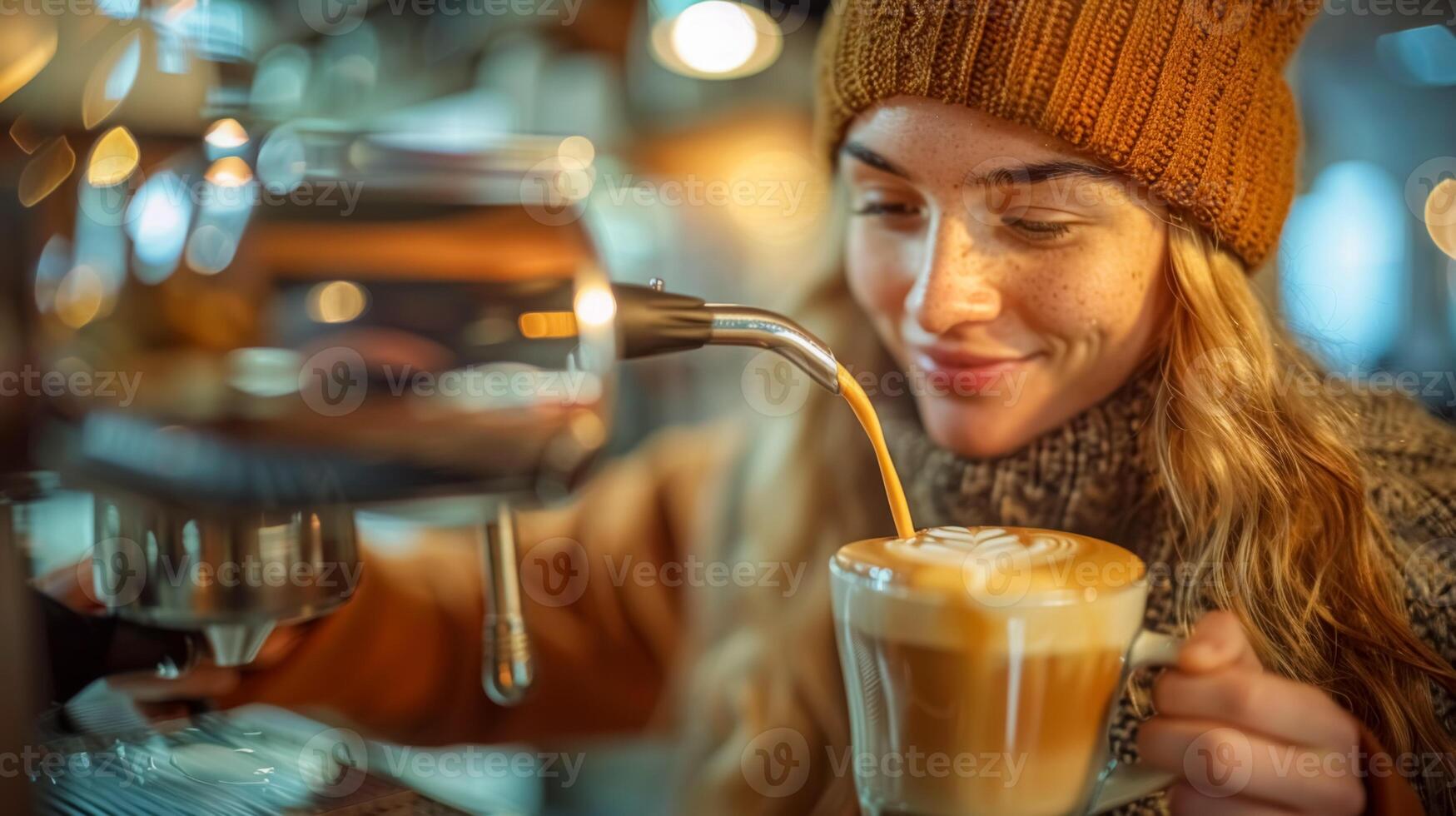 Barista Crafting Latte Art in Cozy Cafe photo