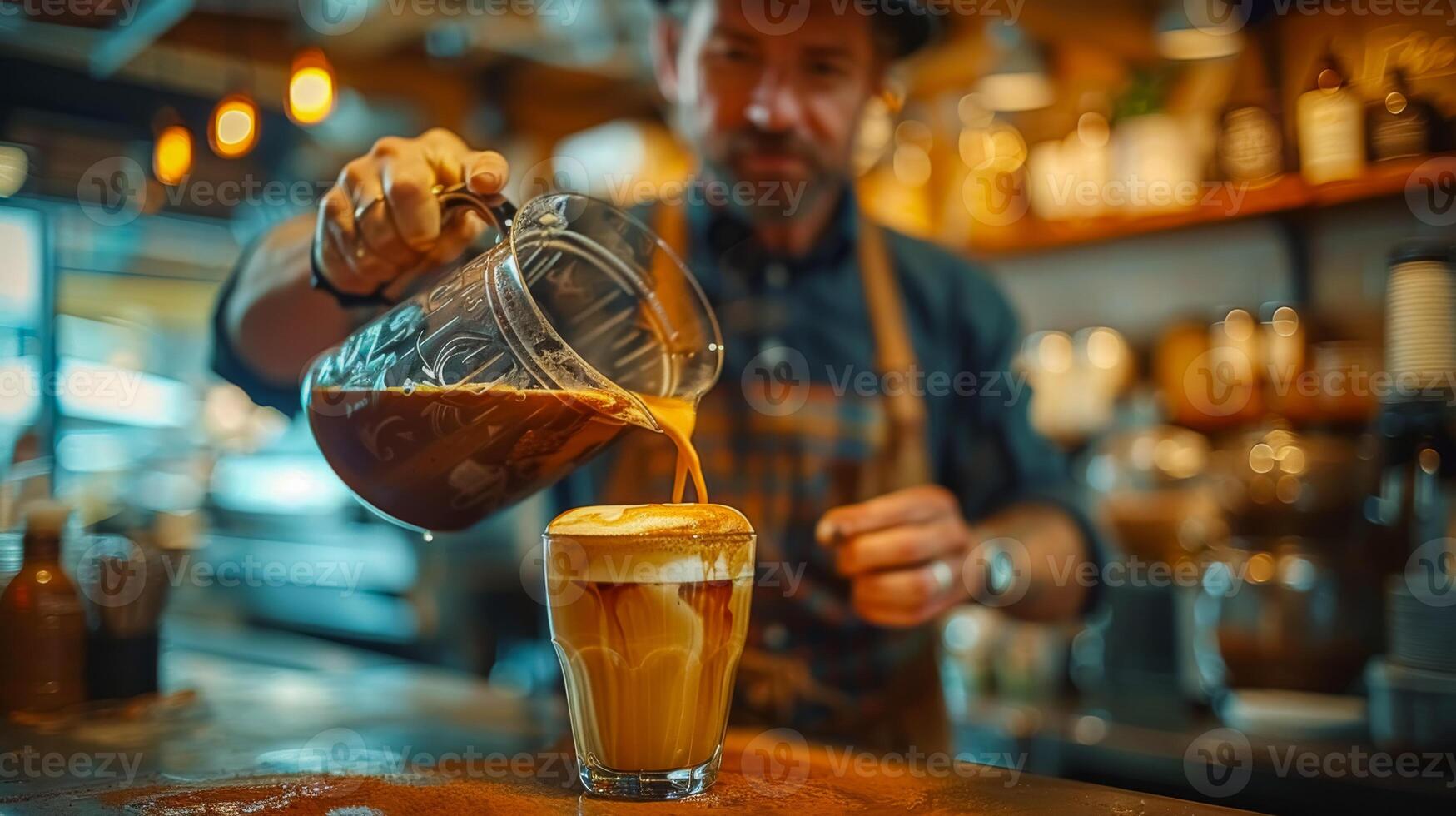 Barista Crafting Latte Art in Cozy Cafe photo