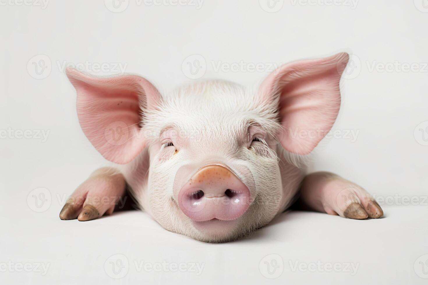 Cute pig is lying on floor. Farm animal portrait photo