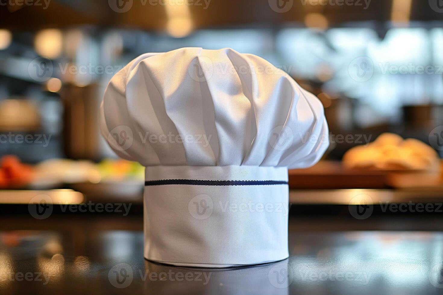 Chef hat on table in kitchen. Baker sign on restaurant background photo