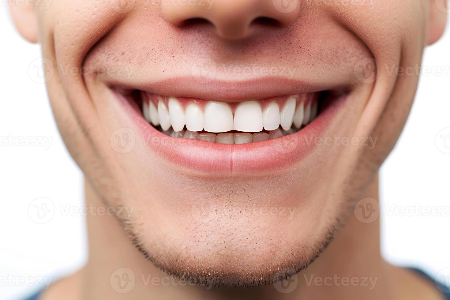 Close up of male smile with white healthy teeth on white background. Laughing man face photo