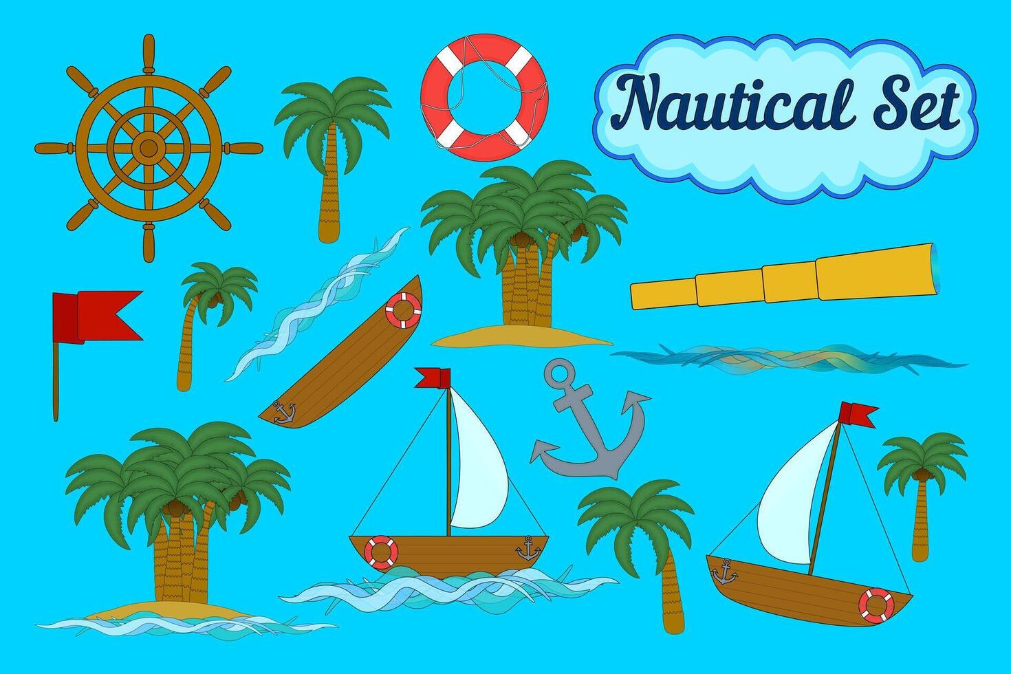 A colorful nautical set featuring a boats, anchor, lifebuoy, ship wheel, telescope, waves, red flag and palms. Perfect for summer, maritime themes, and holiday designs. vector
