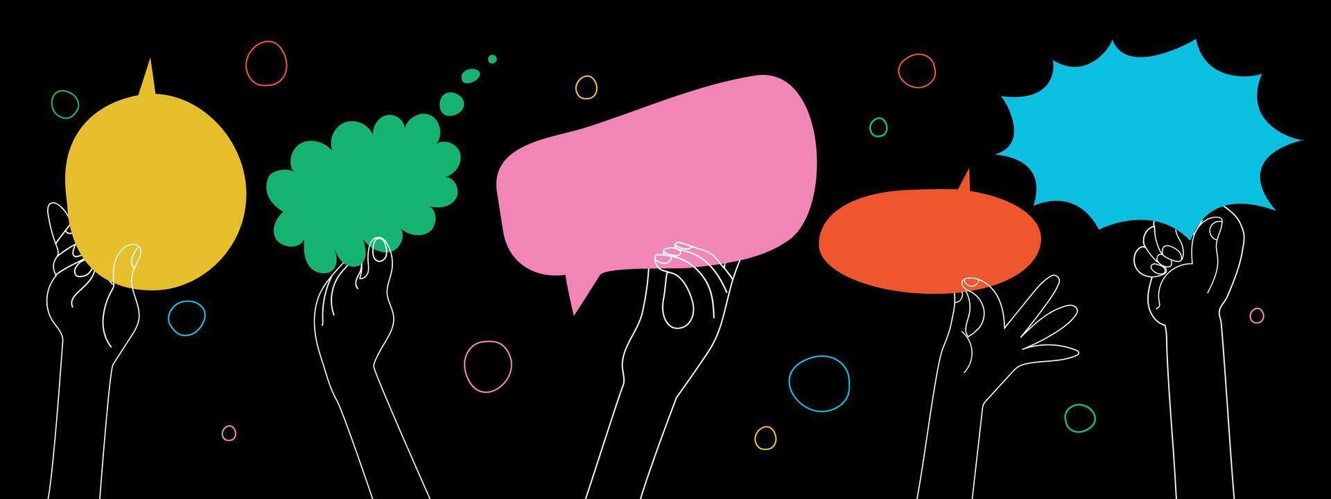 Human hands holding colorful speech bubbles. Hand drawn illustration isolated on dark background. Team cooperation and communication. Modern flat cartoon style. vector