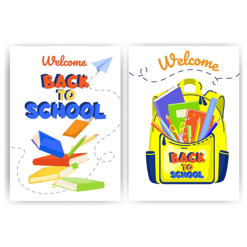 School backgrounds set.Welcome back to school text with backpack and educational supplies template. design for poster, banner, flyer promotion, sale concept . Education illustration vector