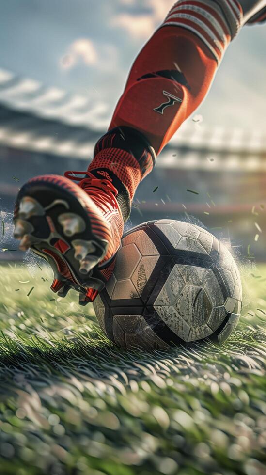 A Flamengo player foot striking a soccer ball, detailed texture of the ball and cleats, Maracana Stadium grass in the background photo