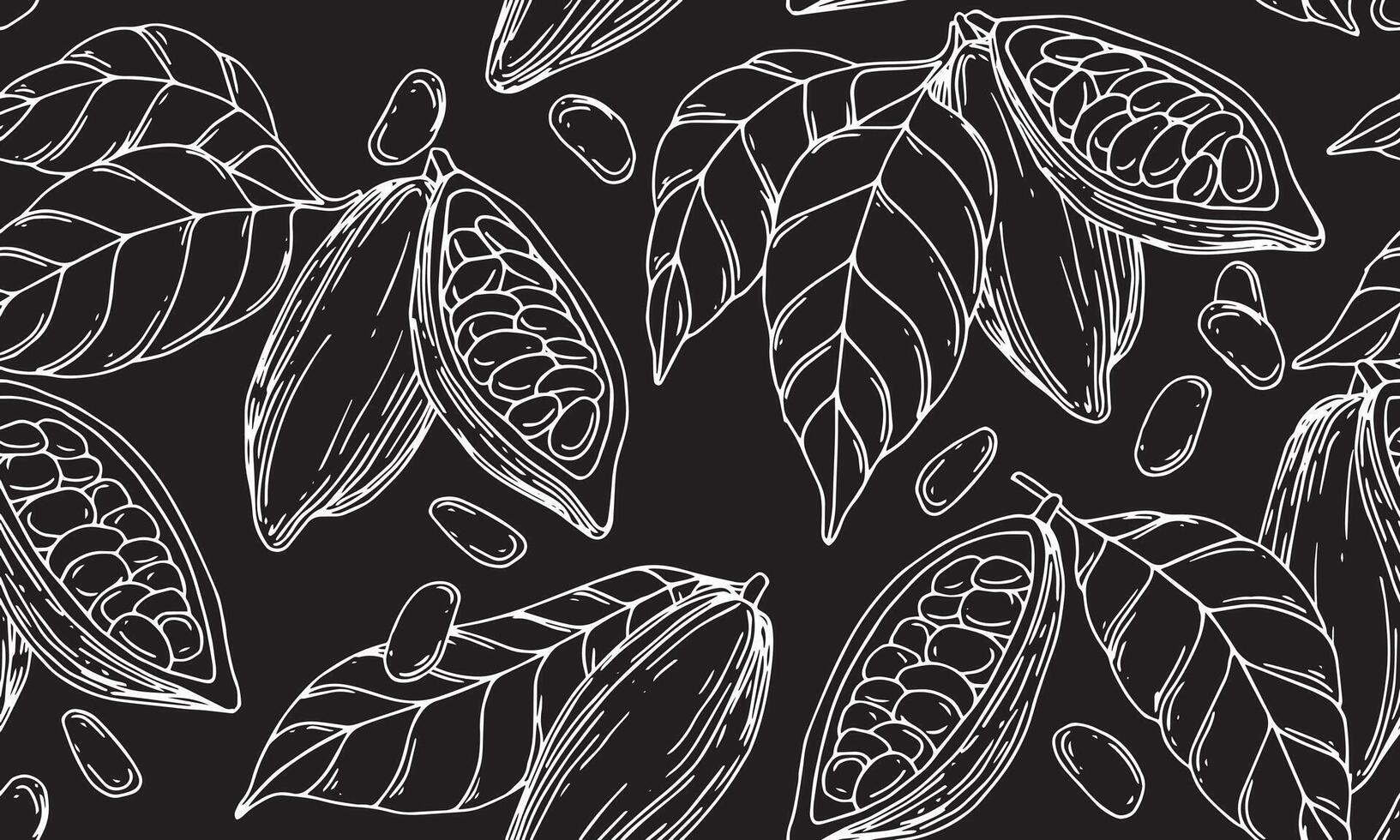 seamless pattern of cocoa beans, fruits and leaves. illustration with lines, sketch vector
