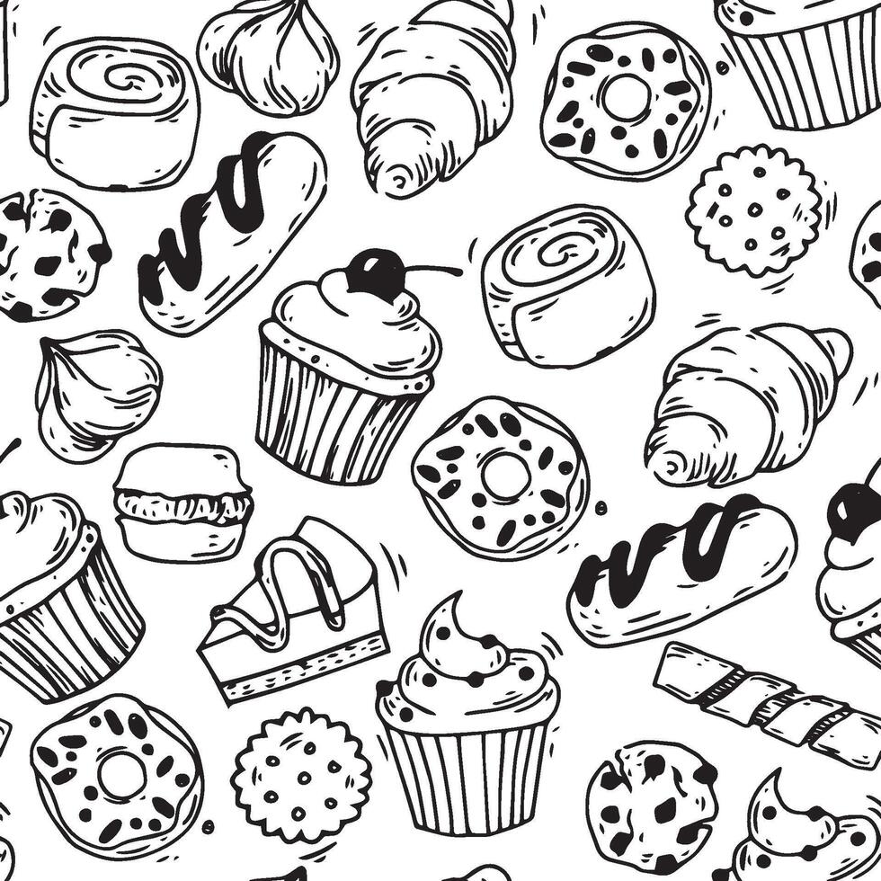 cute seamless pattern on the theme of baking and confectionery. doodle illustration of cakes, cookies, croissant, macaroon vector