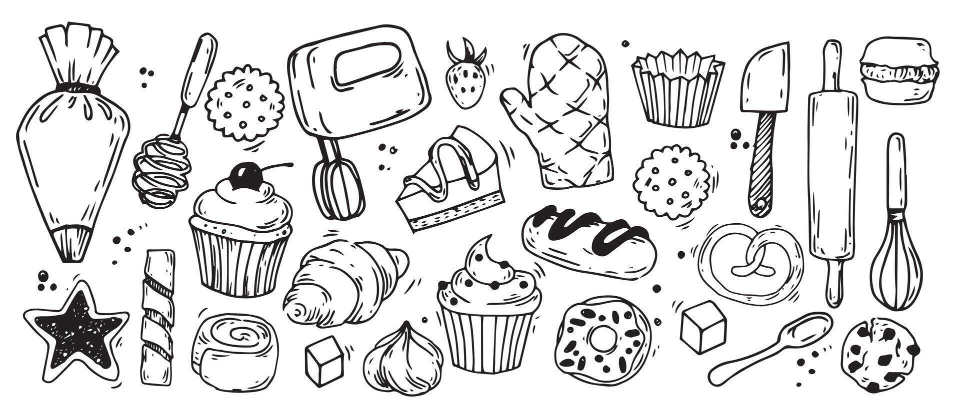 cute set of elements on the theme of baking, confectionery. doodle illustration with desserts, cakes and cooking tools vector