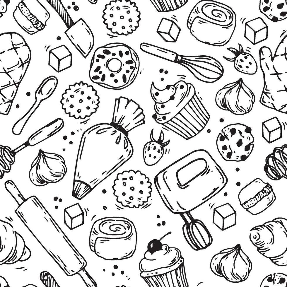 cute seamless pattern on the theme of baking, confectionery. doodle illustration with desserts, cakes and cooking tools vector