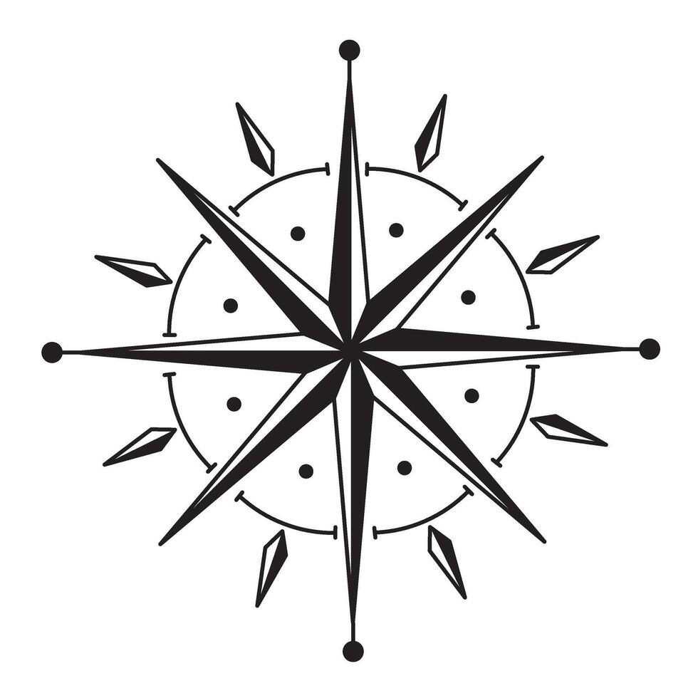 illustration of Compass Rose. Linear Drawing of marine navigation element for nautical and travel design. Etching of retro sign for maps on isolated background. Vintage black outline object vector