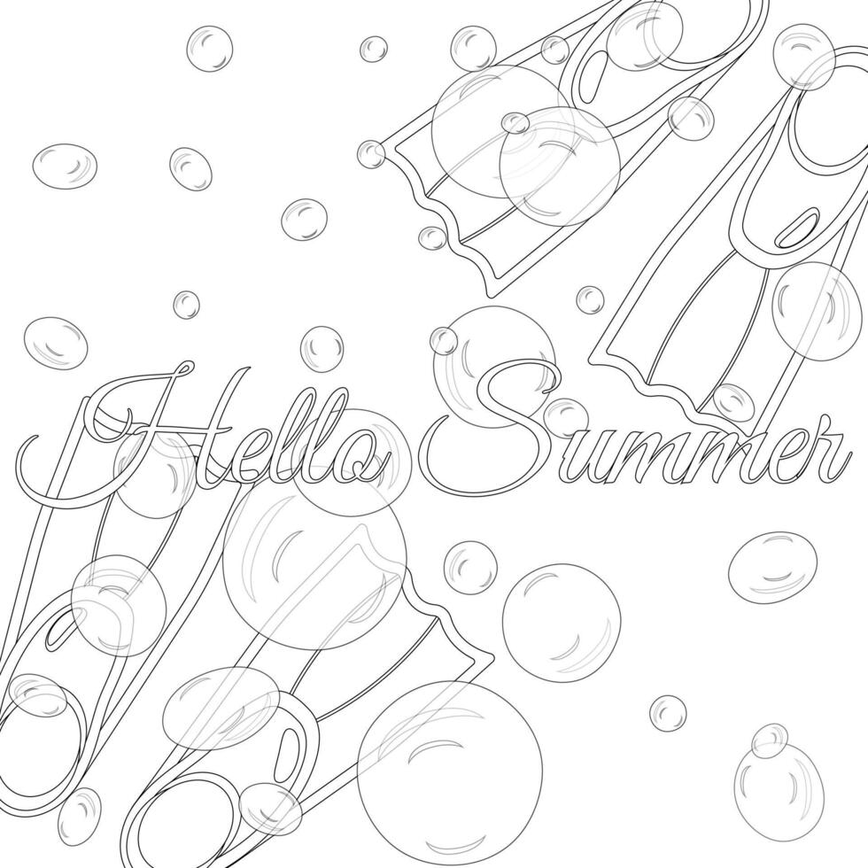 Fun and detailed scuba gear coloring page with Hello Summer text. Perfect for kids and adults looking for a creative, relaxing activity. vector