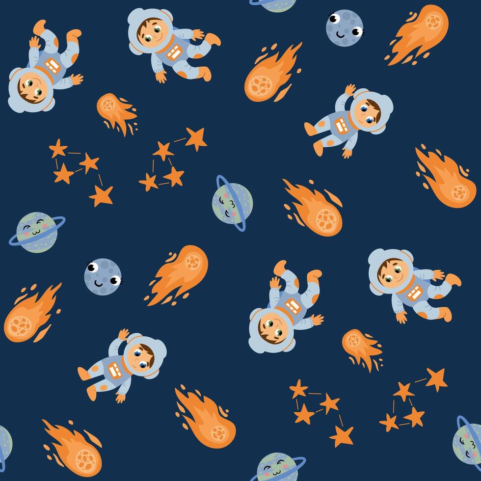 Space seamless pattern. Astronauts, planets, constellation, comet. Endless textures for your design. vector