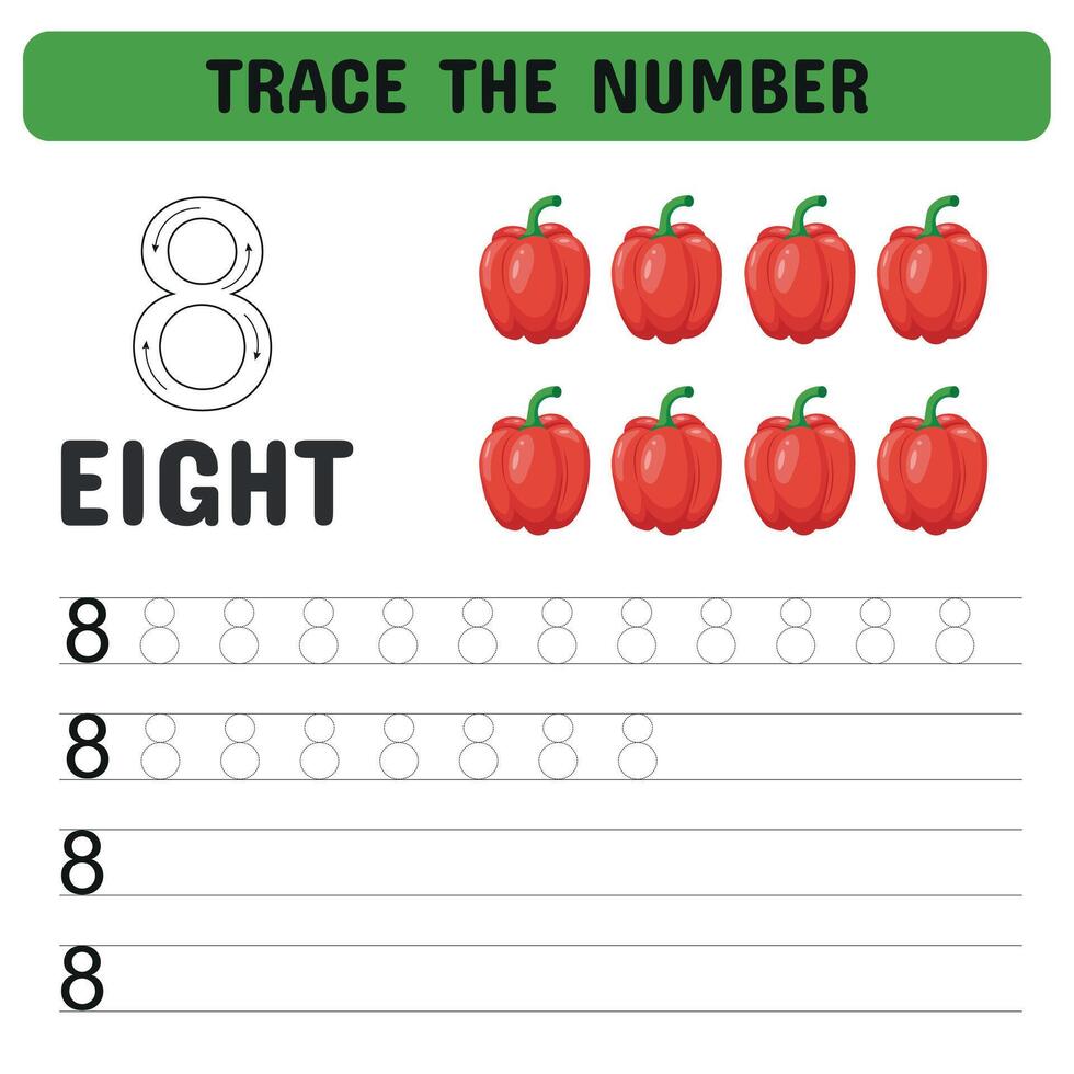 Trace the number . Tracing number worksheet for kindergarten, preschool for learning numbers and handwriting practice activities. Educational children game, printable worksheet. illustration vector