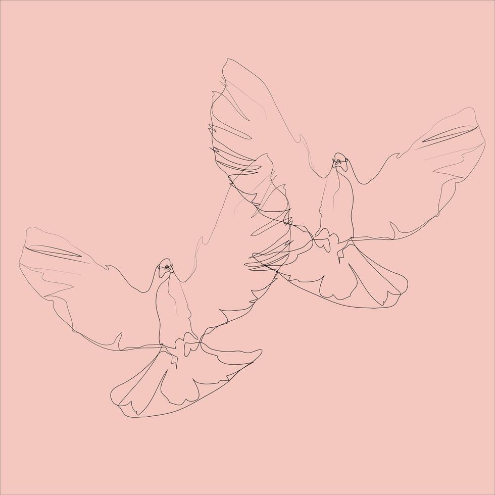 Continuous one line drawing, flying couple of pigeons sketch on pink .Linear, bird of peace silhouette, illustration of dove form in outline style for logo, poster,valentines card design vector