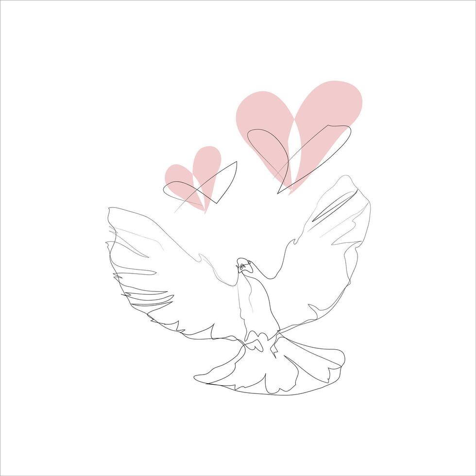 Continuous lineart of dove of piece with oink heart vecto illustration. Flying pegion silhouette with heart shapes for love, valentines, couple card design. Label, logo,poster decor vector