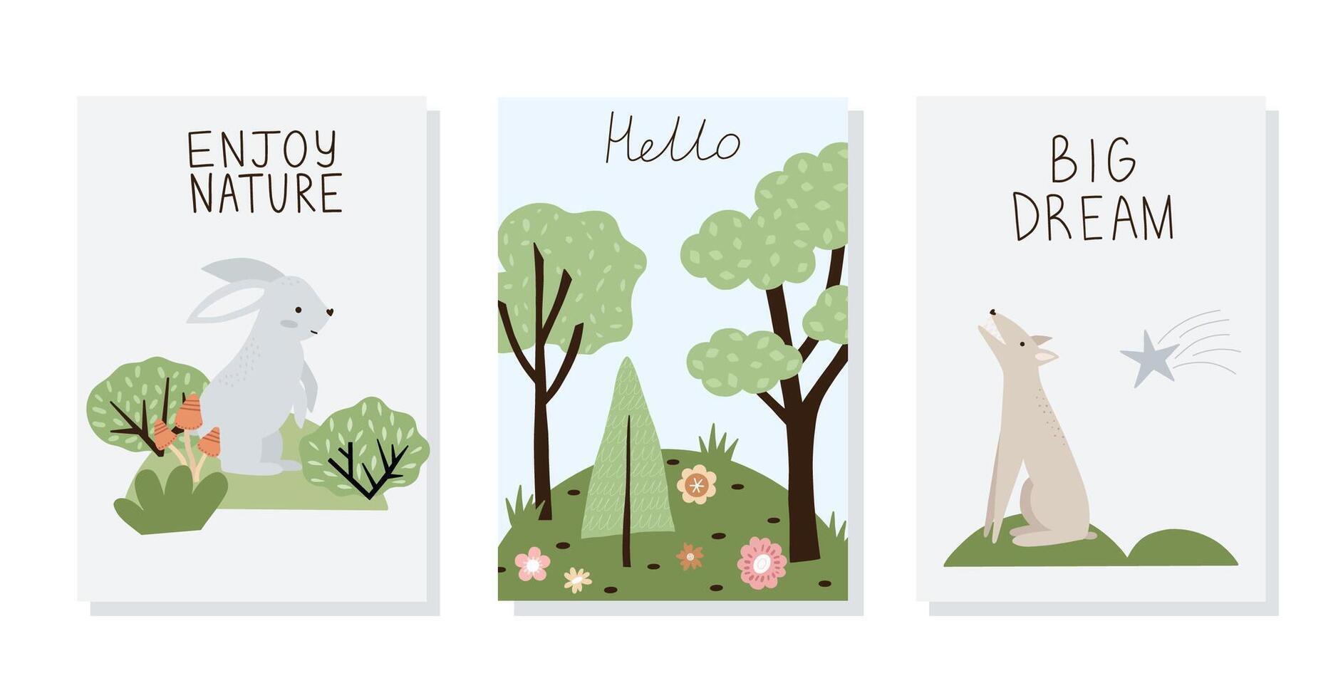 Set of hand drawn cards and posters with forest animals and plants. Baby art for nursery design and prints. Charming cartoon woodland animals vector
