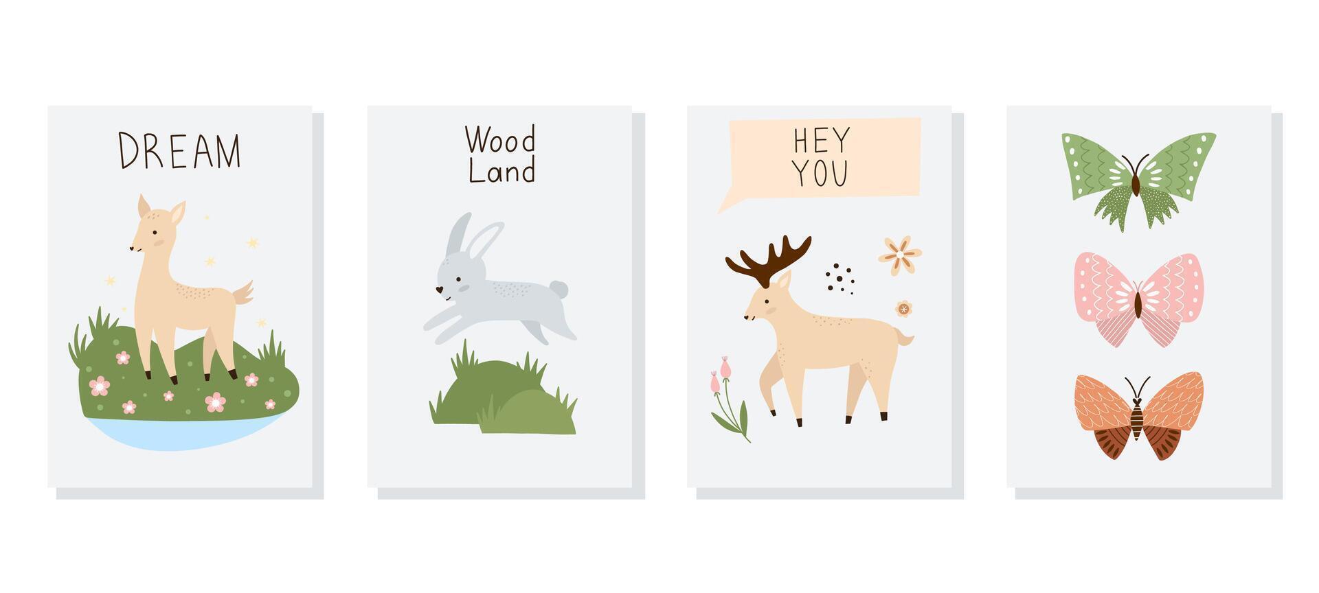 Set of hand drawn cards and posters with forest animals and plants. Baby art for nursery design and prints. Charming cartoon woodland animals vector