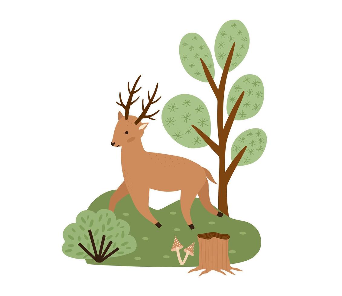 Hand drawn composition with forest animal and plants. Baby art for nursery design and prints. Charming cartoon woodland animal roe vector