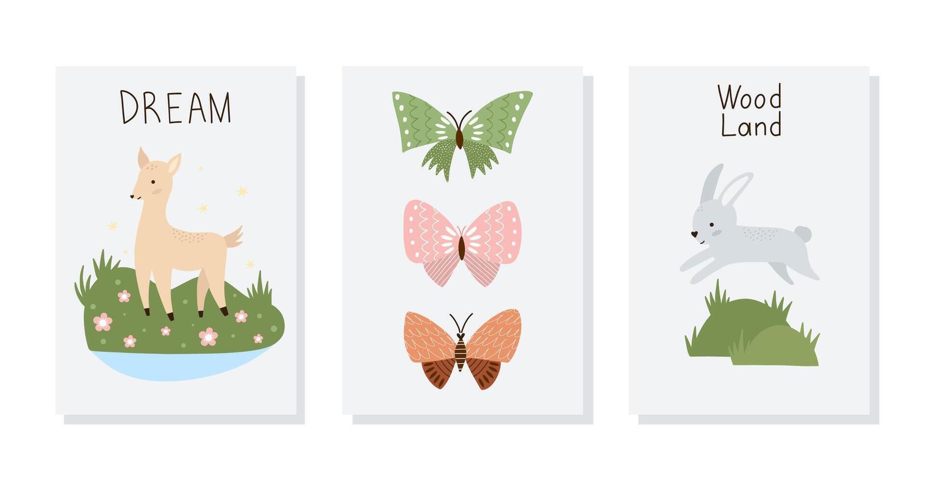 Set of hand drawn cards and posters with forest animals and plants. Baby art for nursery design and prints. Charming cartoon woodland animals vector