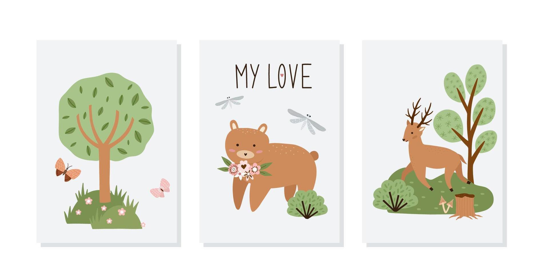 Set of hand drawn cards and posters with forest animals and plants. Baby art for nursery design and prints. Charming cartoon woodland animals vector