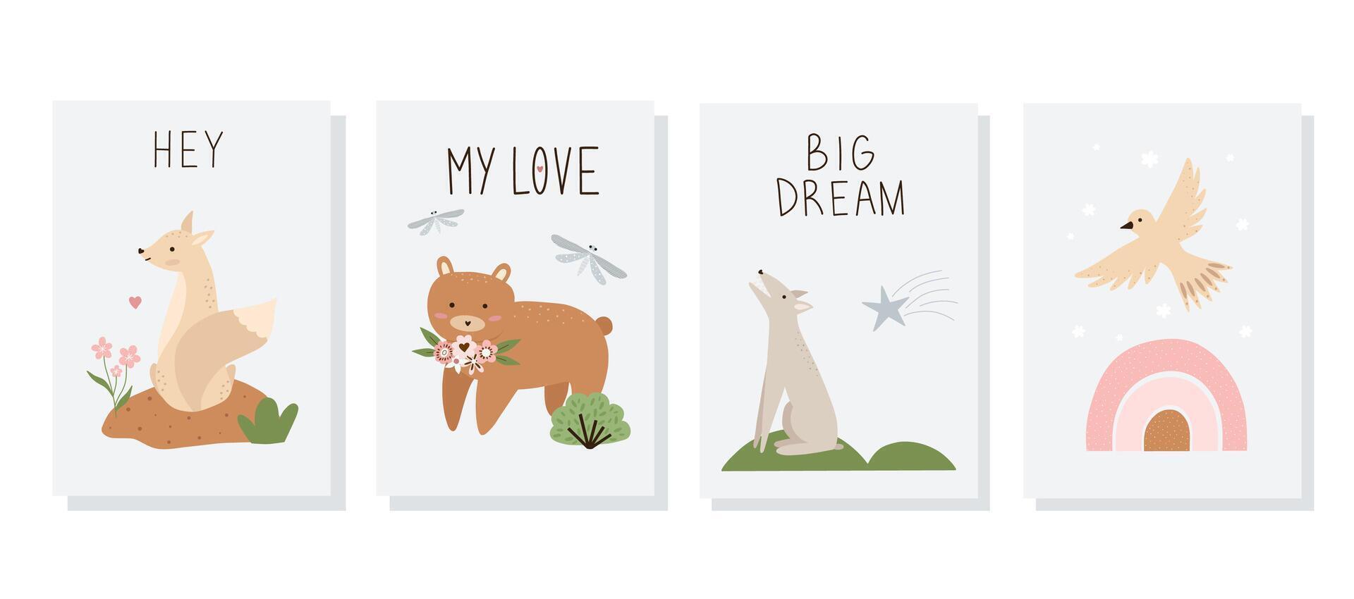 Set of hand drawn cards and posters with forest animals and plants. Baby art for nursery design and prints. Charming cartoon woodland animals vector