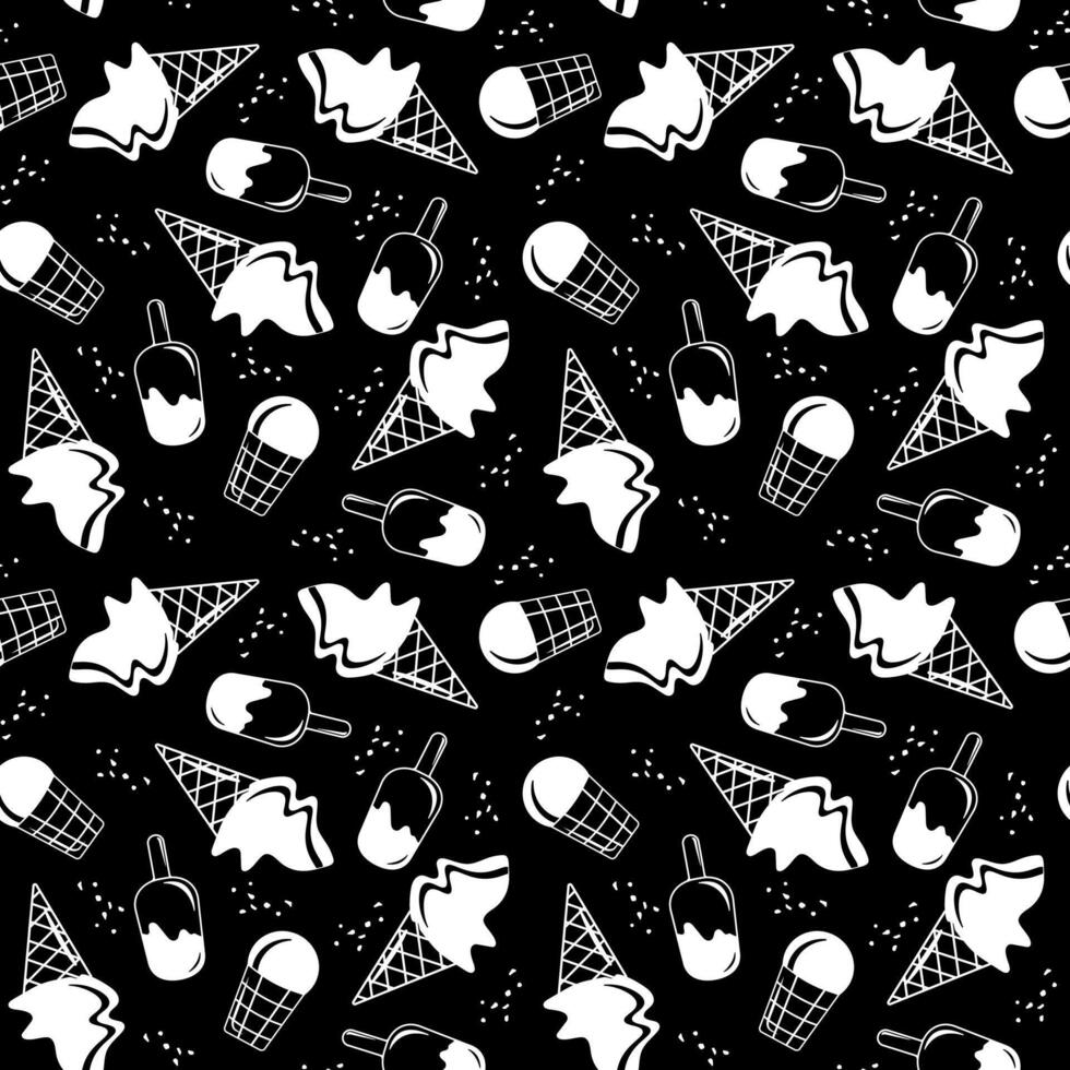 Seamless pattern of ice cream on a black background, for packaging, notebook covers, wallpaper, background, in a simple style. Popsicle ice cream on a stick and in waffle cones. vector