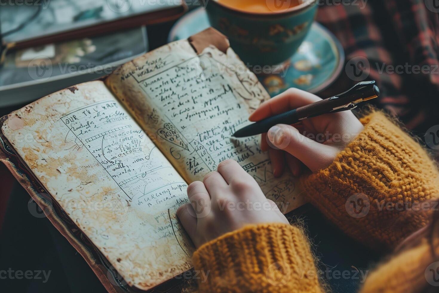 Girl is writing in notebook. Open bullet journal in female hands photo