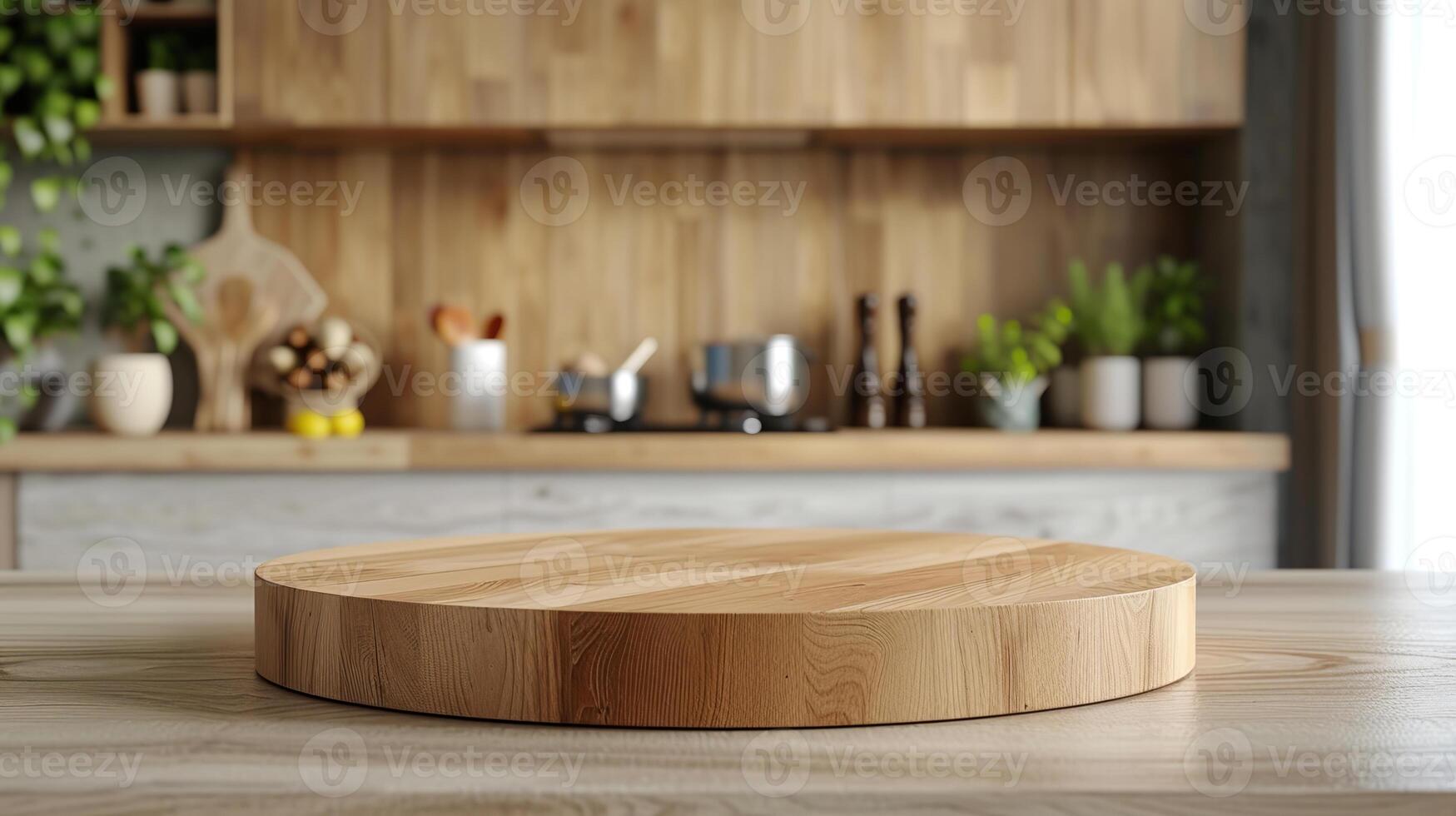 Wooden podium on table in kitchen. Empty stage for promoting product, mockup or template. photo