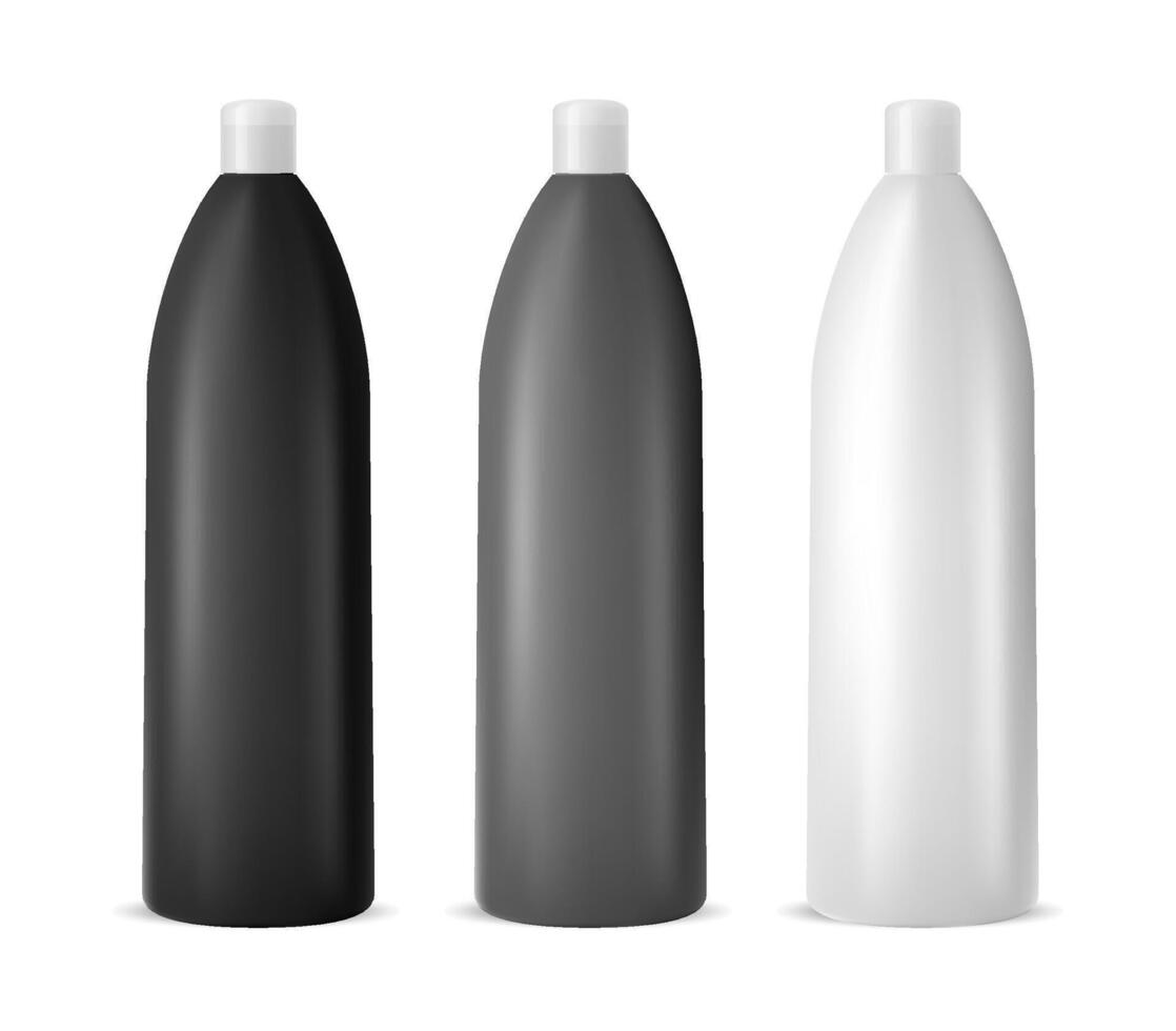 Cosnetic Container Design. Shampoo Bottle. Body Care Lotion Beauty Package. Hair Shampoo Bottle for Bath Hygiene. Realistic 3d Illustration Mockup. Clear Set without Label. vector