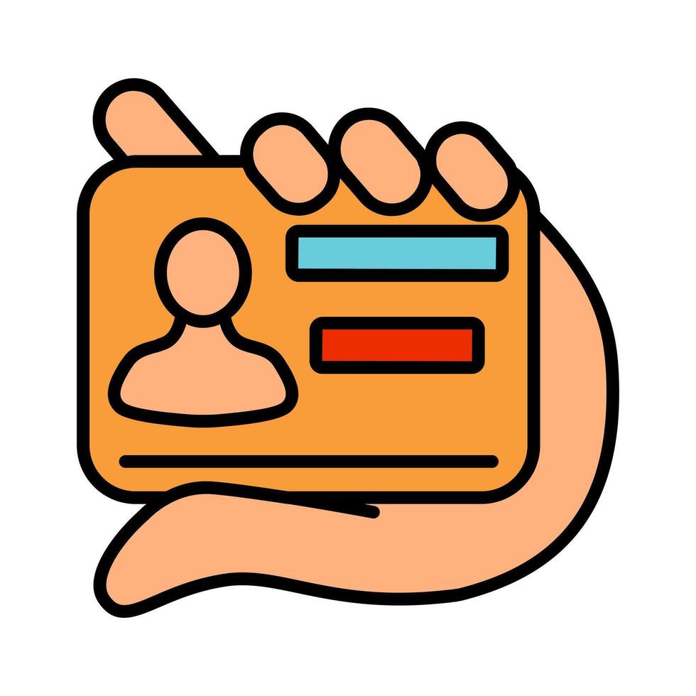 ID card line icon. Hand, identification, card, identity, verification, badge, personal data, security, name tag, credentials, membership, access, document, holder, authorize, identity proof, official vector
