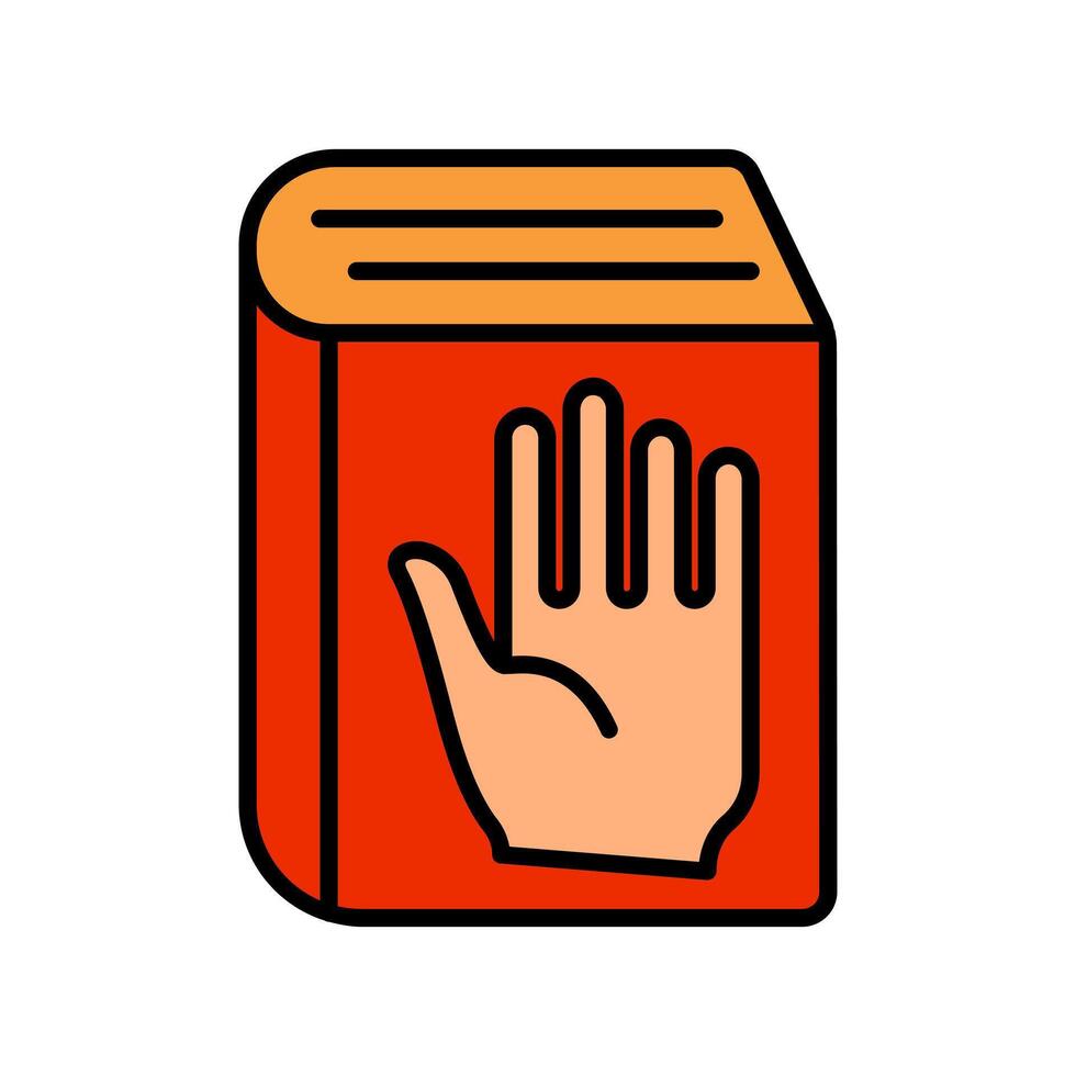 Oath book line icon. Book, hand, promise, swearing-in, oath, pledge, commitment, truth, law, justice, ceremony, official, integrity, honesty, vow, declaration, statement, legal, allegiance vector