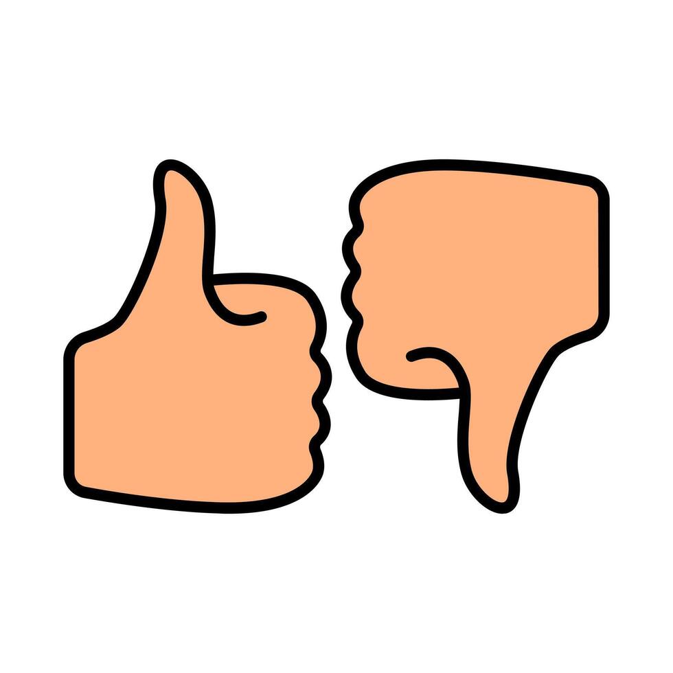 Thumbs up and thumbs down line icon. Approval, disapproval, feedback, like, dislike, rating, evaluation, choice, decision, opinion, judgment, assessment, review, agree, disagree, vote, expression vector