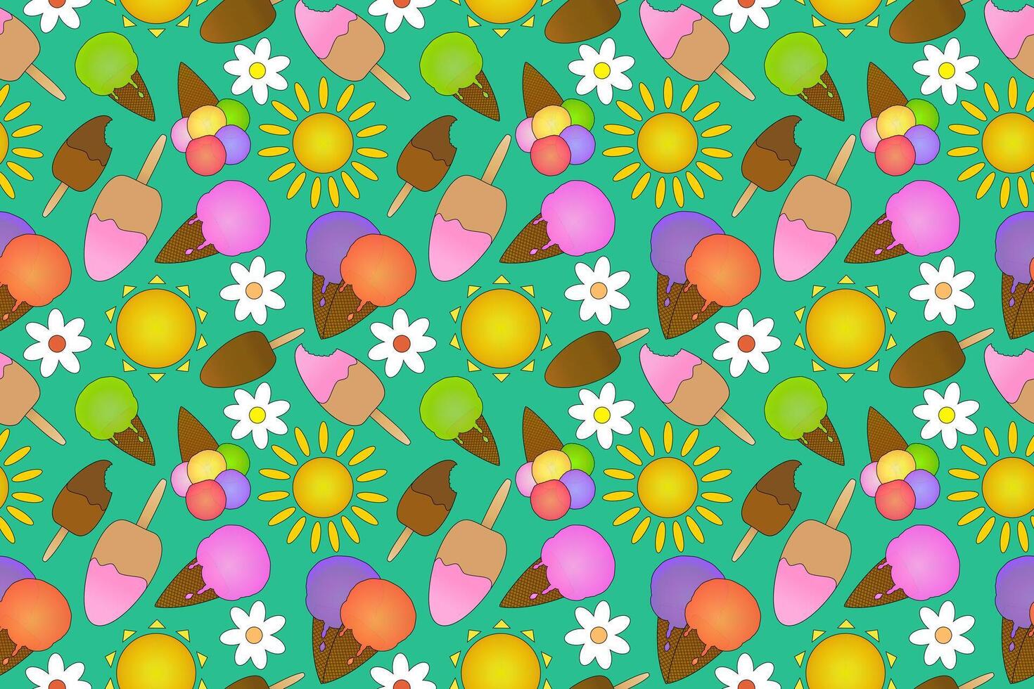 Bright and colorful seamless pattern featuring ice cream, sun, and flowers. Perfect for summer-themed designs and fun projects. vector