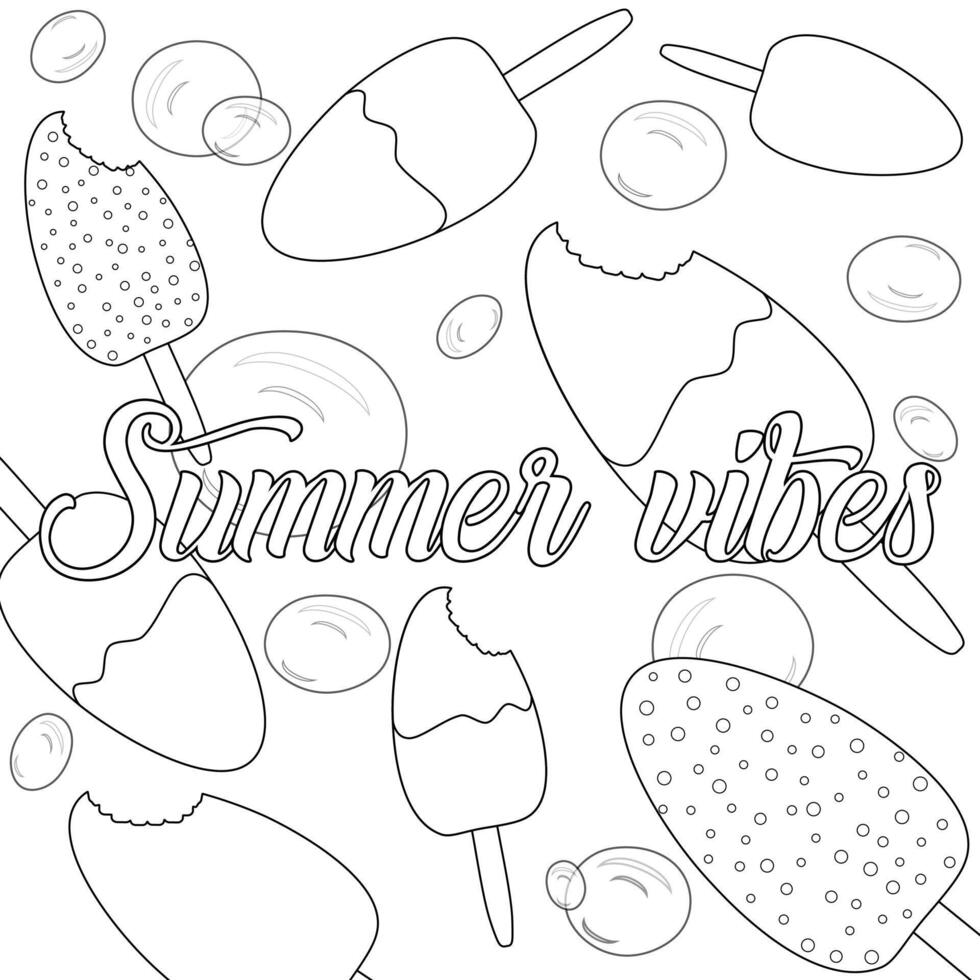 Celebrate summer with this fun coloring page featuring ice cream and bubbles. Perfect for kids and adults to enjoy a creative activity. vector