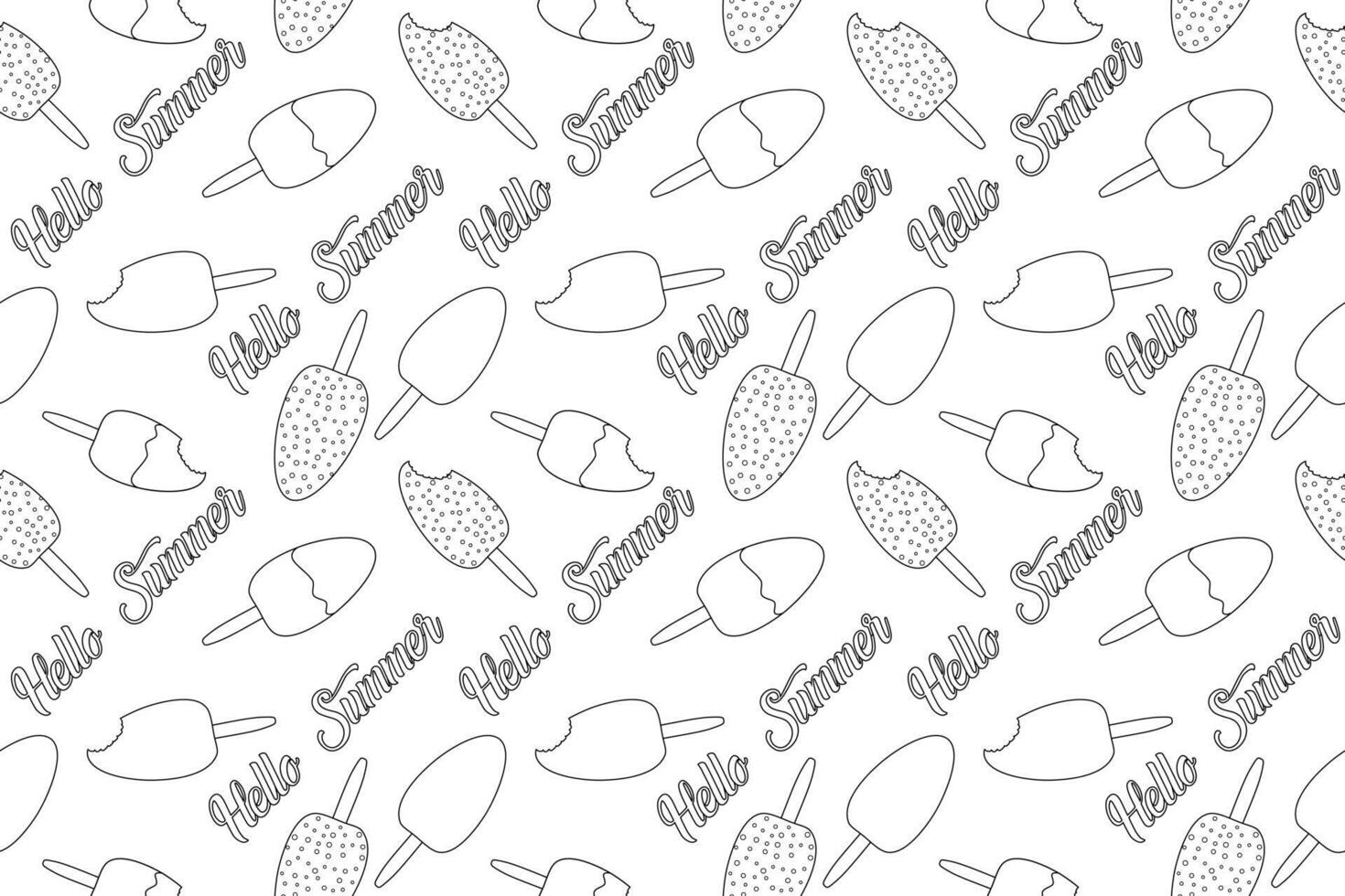 Fun ice cream pattern coloring page with Hello Summer text. Ideal for both kids and adults to enjoy and relax. vector
