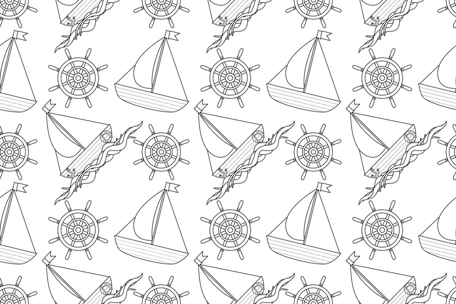 Detailed seamless pattern with sailboats and ship wheels. Perfect for nautical-themed coloring pages and creative projects. vector