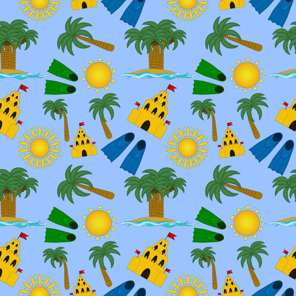 A vibrant and fun seamless pattern featuring summer elements like palm trees, suns, sandcastles, and flippers. Perfect for summer-themed projects. vector