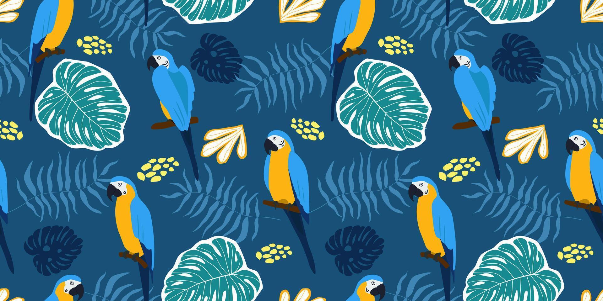 Seamless pattern with parrots on a background of tropical monstera and palm leaves. Summer exotic print with birds. vector