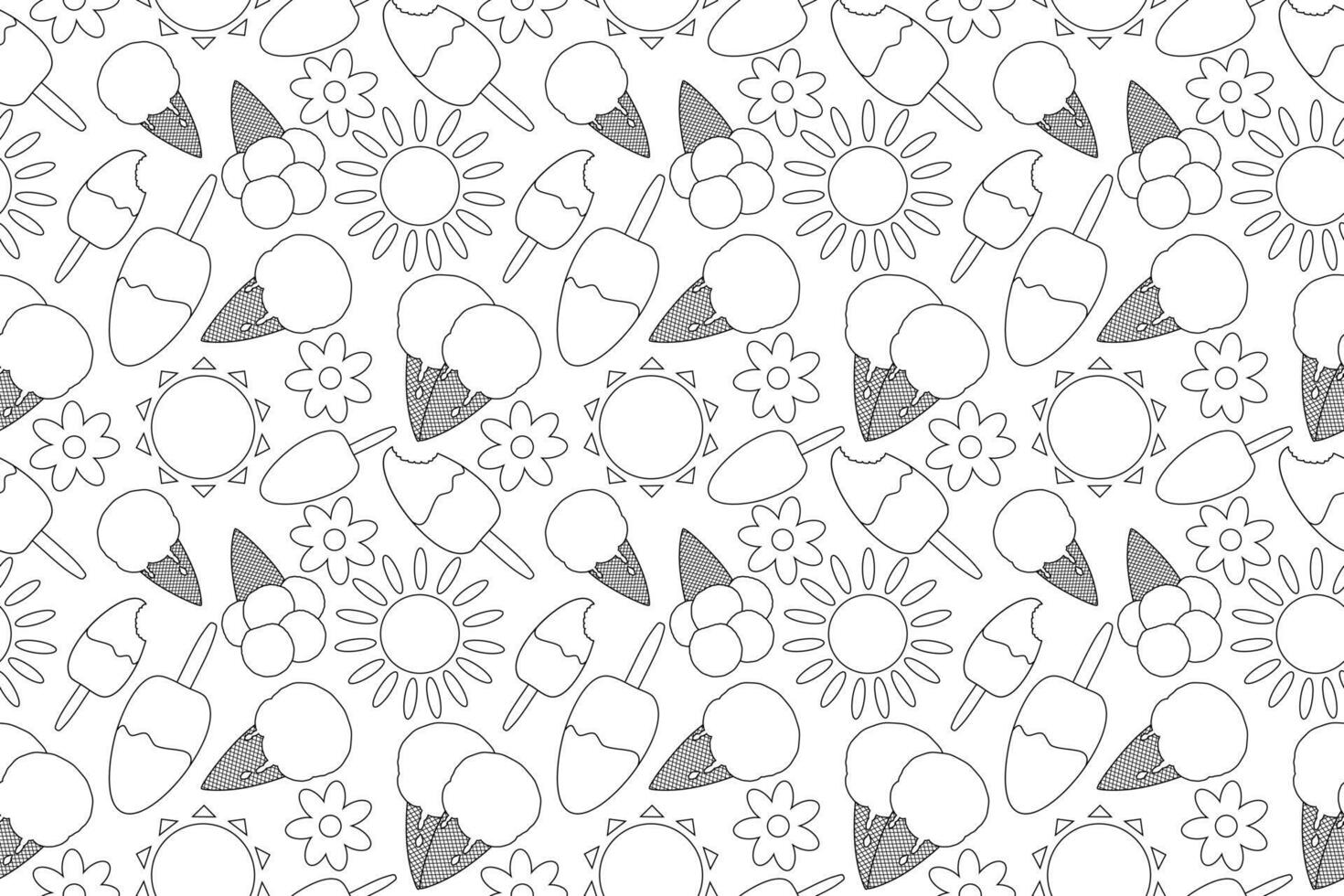 Fun and detailed coloring page featuring ice cream cones, sun, and flowers. Perfect for kids and adults to enjoy a summer-themed activity. vector