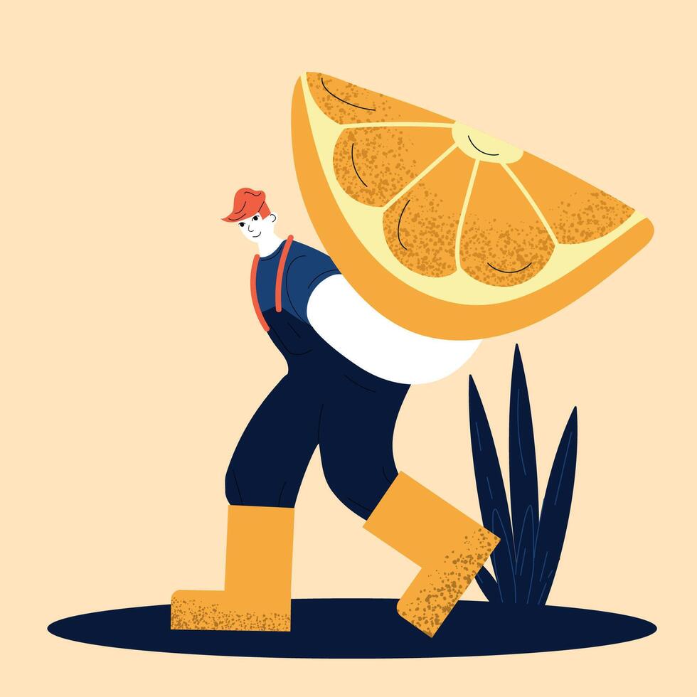 A farmer in boots and hat holds a large orange slice, representing agriculture and vitality in a colorful illustration. vector