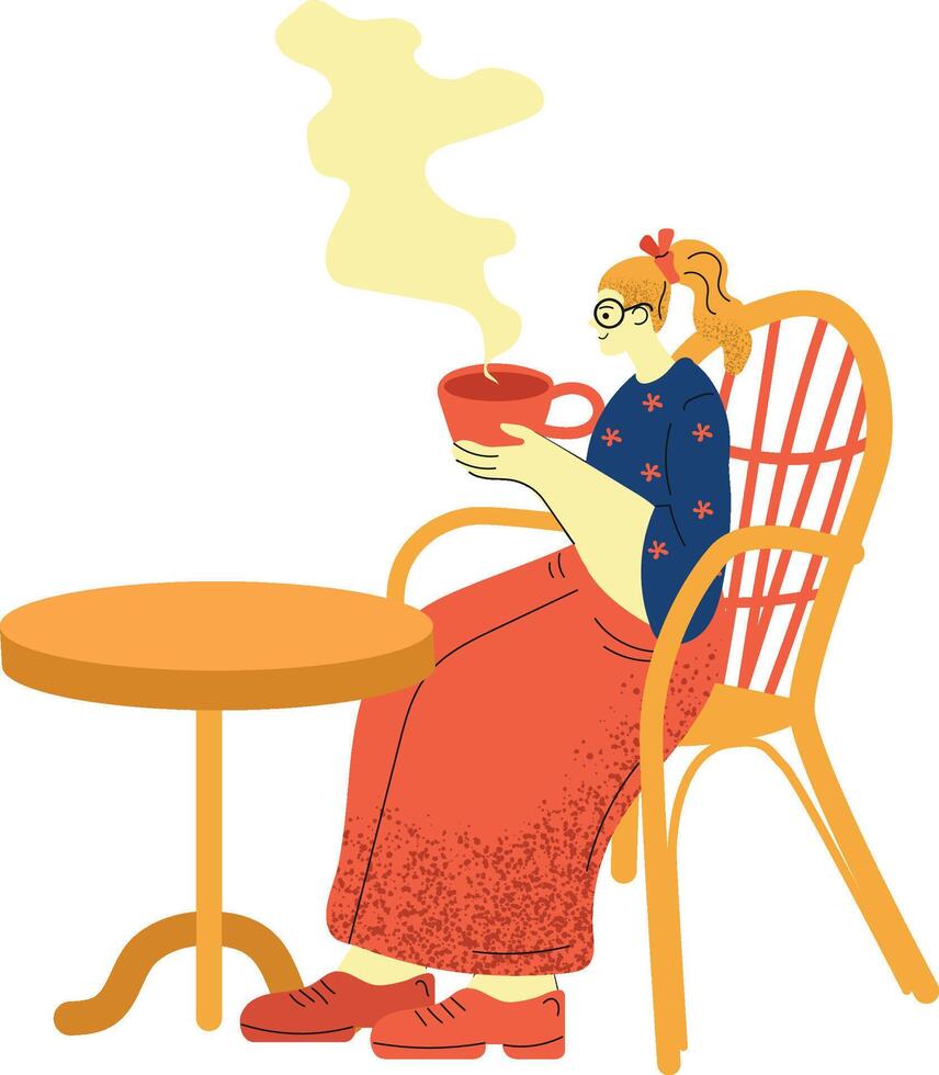 A cartoon girl with red hair and glasses is sitting in a chair at a table outside. She is wearing a blue shirt with white flowers and a red skirt. She is holding a red cup vector