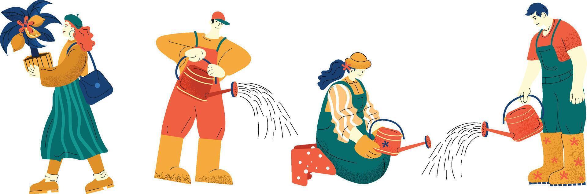A group of people are watering plants and flowers in a garden vector
