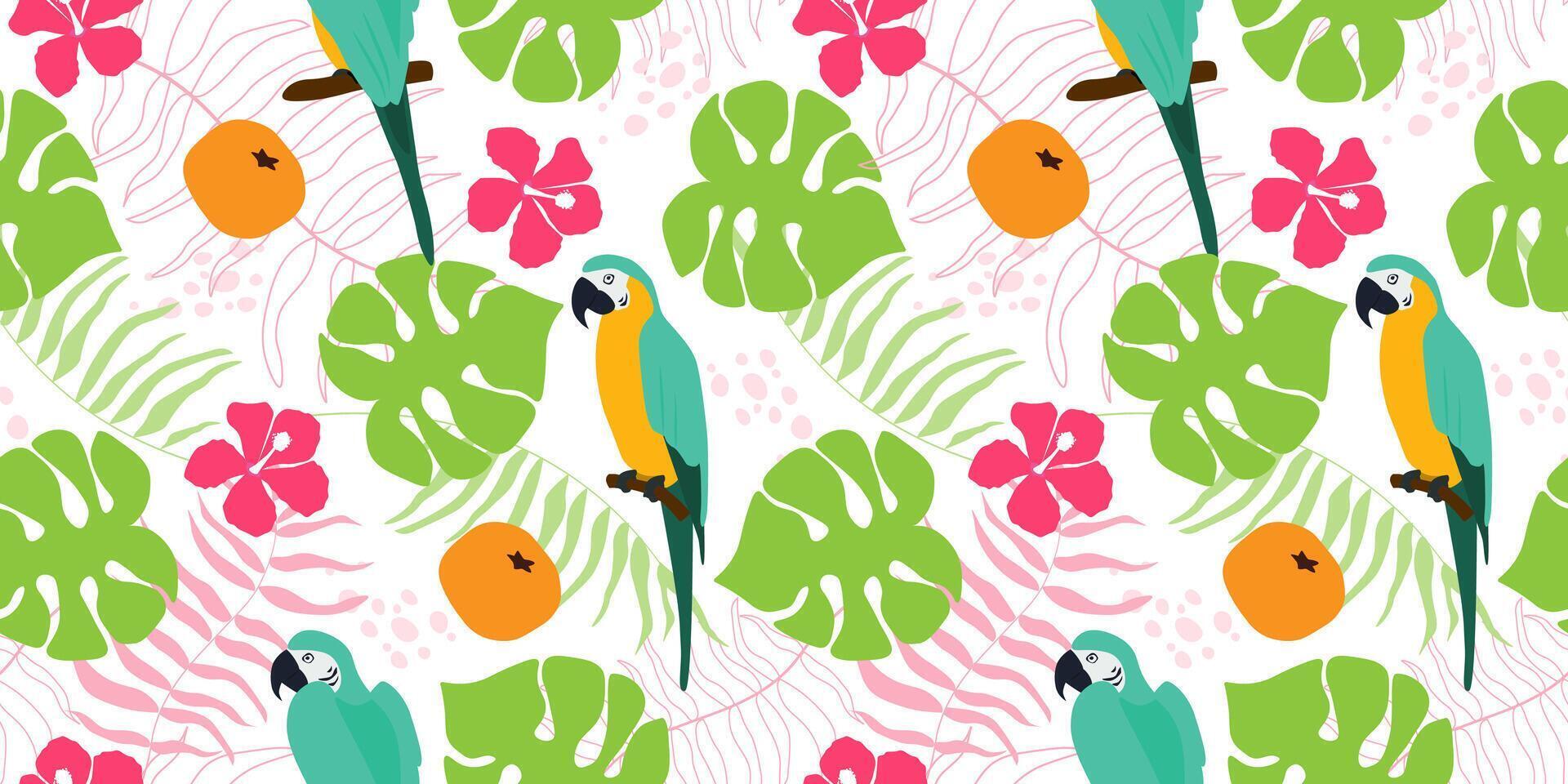 Seamless pattern with abstract plants, parrots, flowers. Summer exotic print. vector