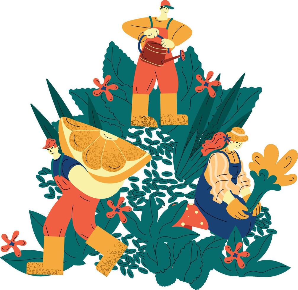 A colorful illustration depicts three farmers working in a vibrant garden vector