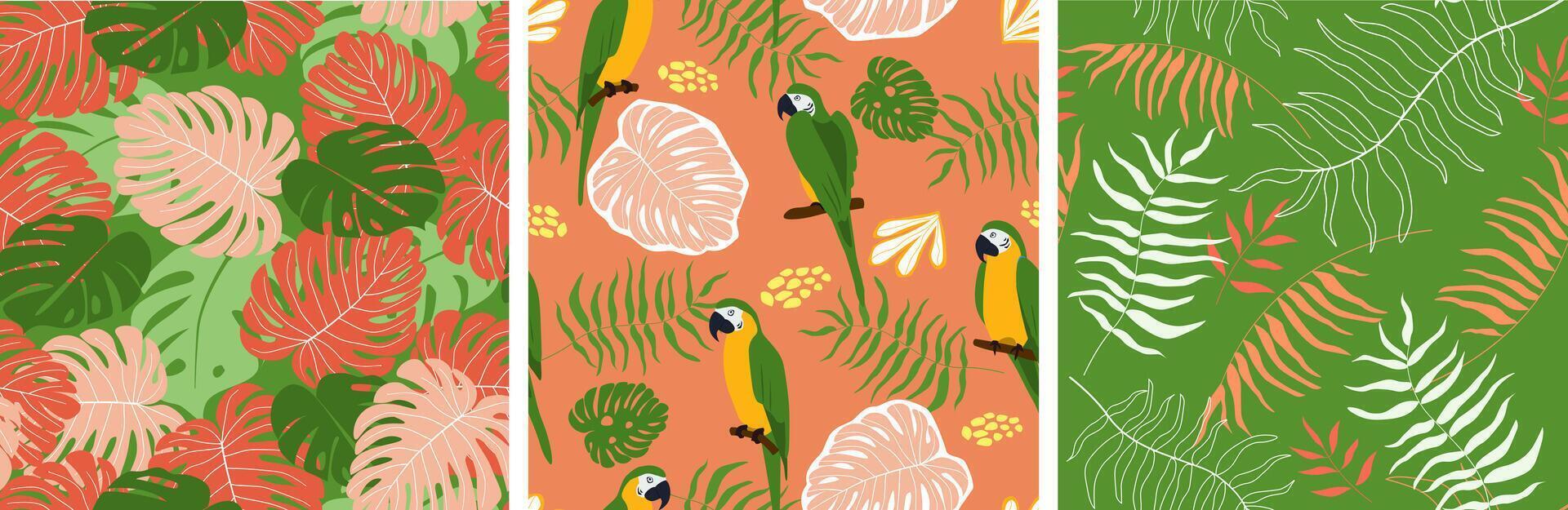 Set of seamless patterns with abstract leaves, plants, parrots. Natural print. vector