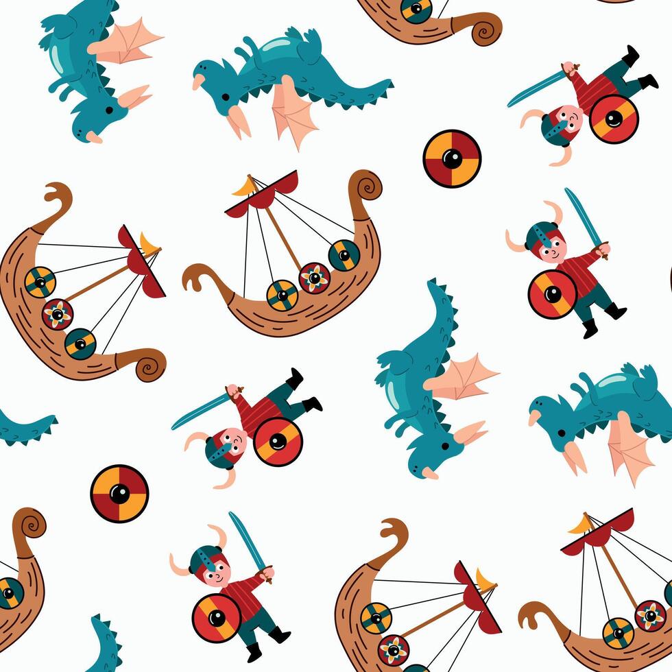 Seamless pattern with drakkar, Viking and dragon. Design for fabric, textiles, wallpaper, packaging vector