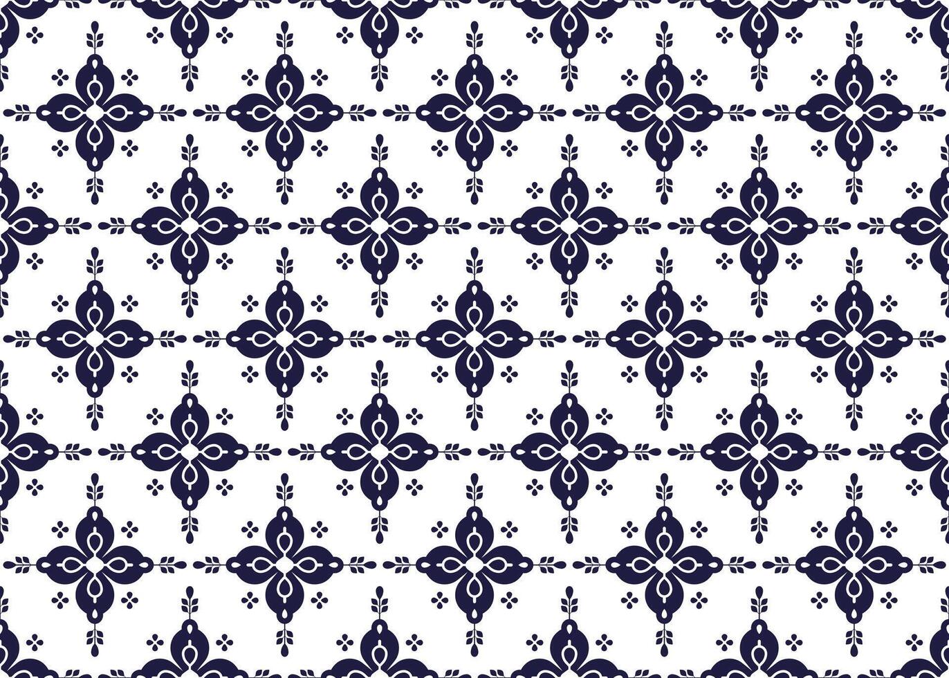 dark blue symbol floral on White background, ethnic fabric seamless pattern design for cloth, carpet, batik, wallpaper, wrapping etc. vector