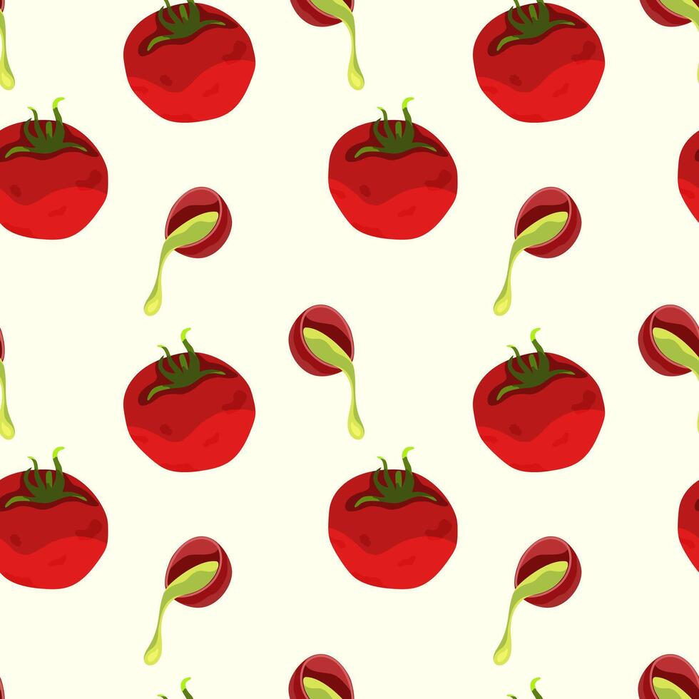 Seamless background of fresh juicy tomatoes with olive oil. Olive oil in a bowl, tomato, cherry. Hand drawn, follows a doodle style background. Design for printing on fabrics, holiday vector