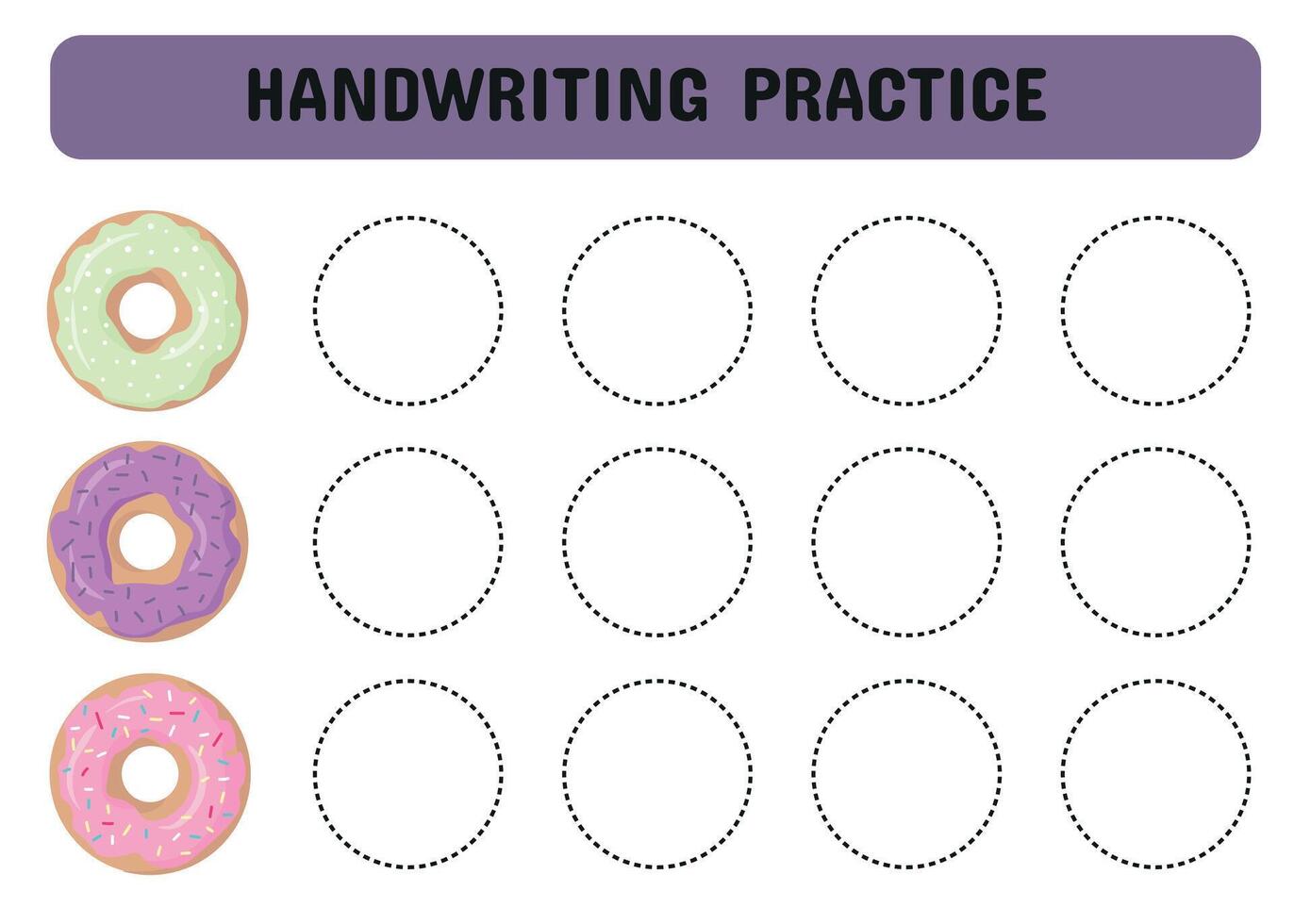 Handwriting practice with colored donuts. Tracing worksheet for children of kindergarten, preschool and school age. Trace a circle. illustration vector