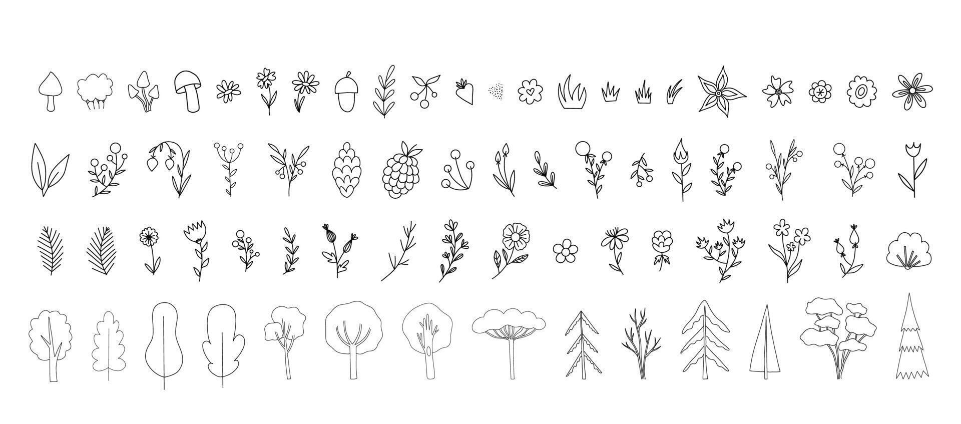 Collection of doodle style flower and tree cartoon. Cute illustration in flat trendy style with texture. For cards, posters, invitations vector